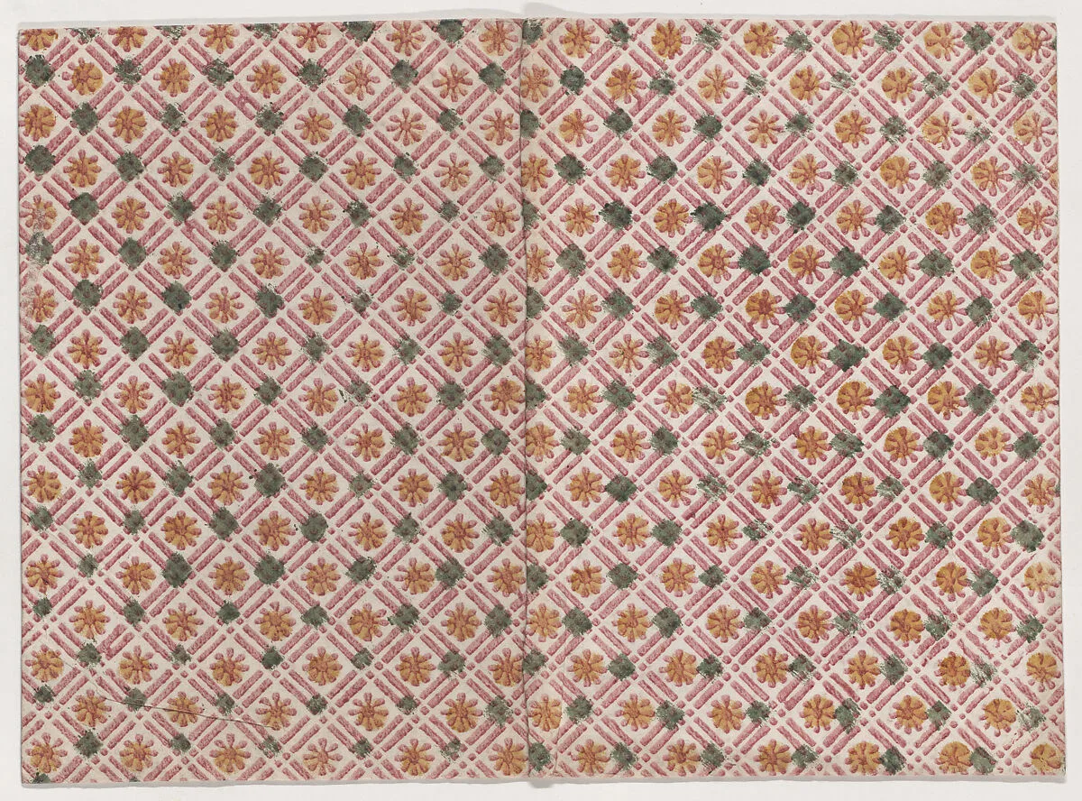 Book cover with geometric and floral pattern in red, yellow, and green — Anonymous