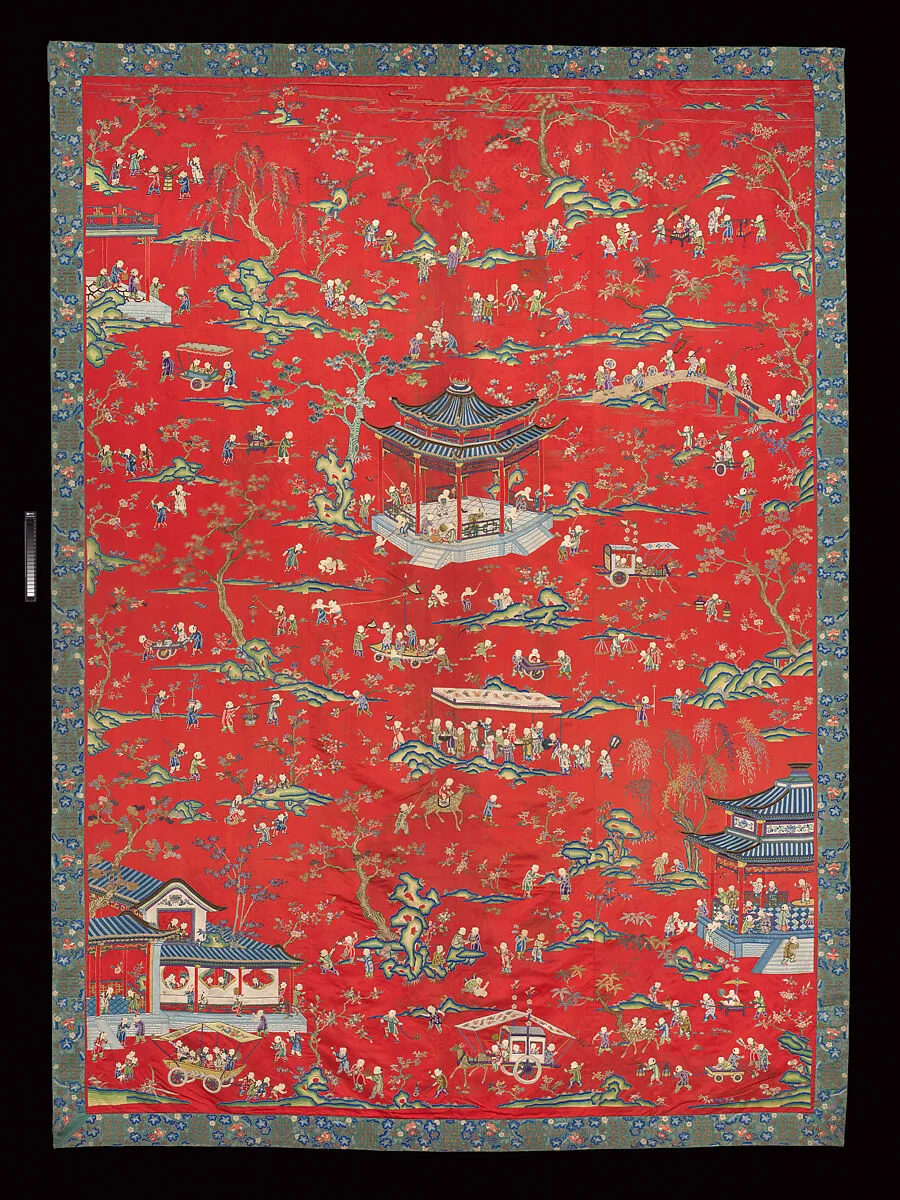 清 刺繡百子圖|Hanging with children at play — Unknown