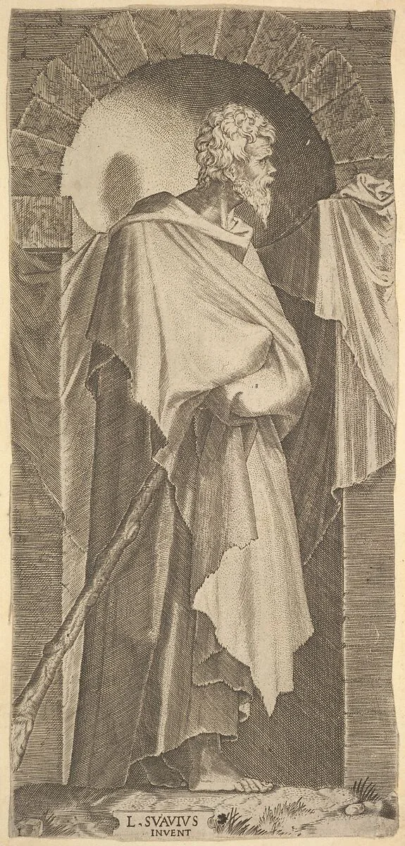 St. James Minor(?) in an arcuated niche, holding a walking stick in his hands, which are covered by his cloak, from "Christ and the Twelve Apostles" — Lambert Suavius