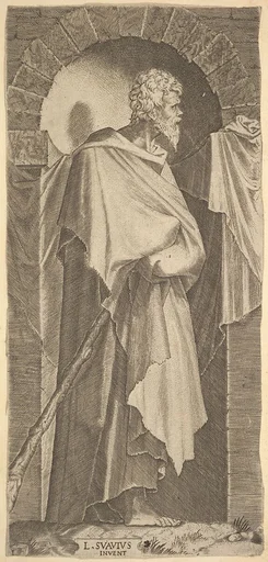 St. James Minor(?) in an arcuated niche, holding a walking stick in his hands, which are covered by his cloak, from "Christ and the Twelve Apostles"