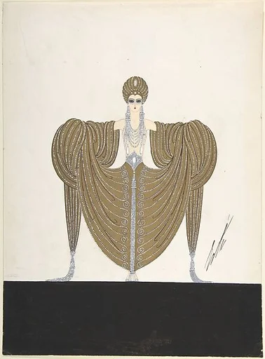 "Le Luxe" Costume Design with Beaded Bodice, Gold Turban and Yards of Skirt Draped over the Arms for "L'Or," Ziegfield Follies