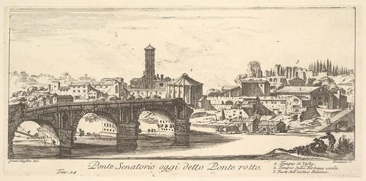 Plate 14: Senatorial Bridge, today called the Ponte Rotto (Broken Bridge). 1. Temple of Vesta. 2. Temple of Fortuna Virilis. 3. Part of the ancient Palatine. (Ponte Senatorio oggi detto Ponte rotto), from "Antichità Romane de' Tempi della Repubblica, e de' primi Imperatori"