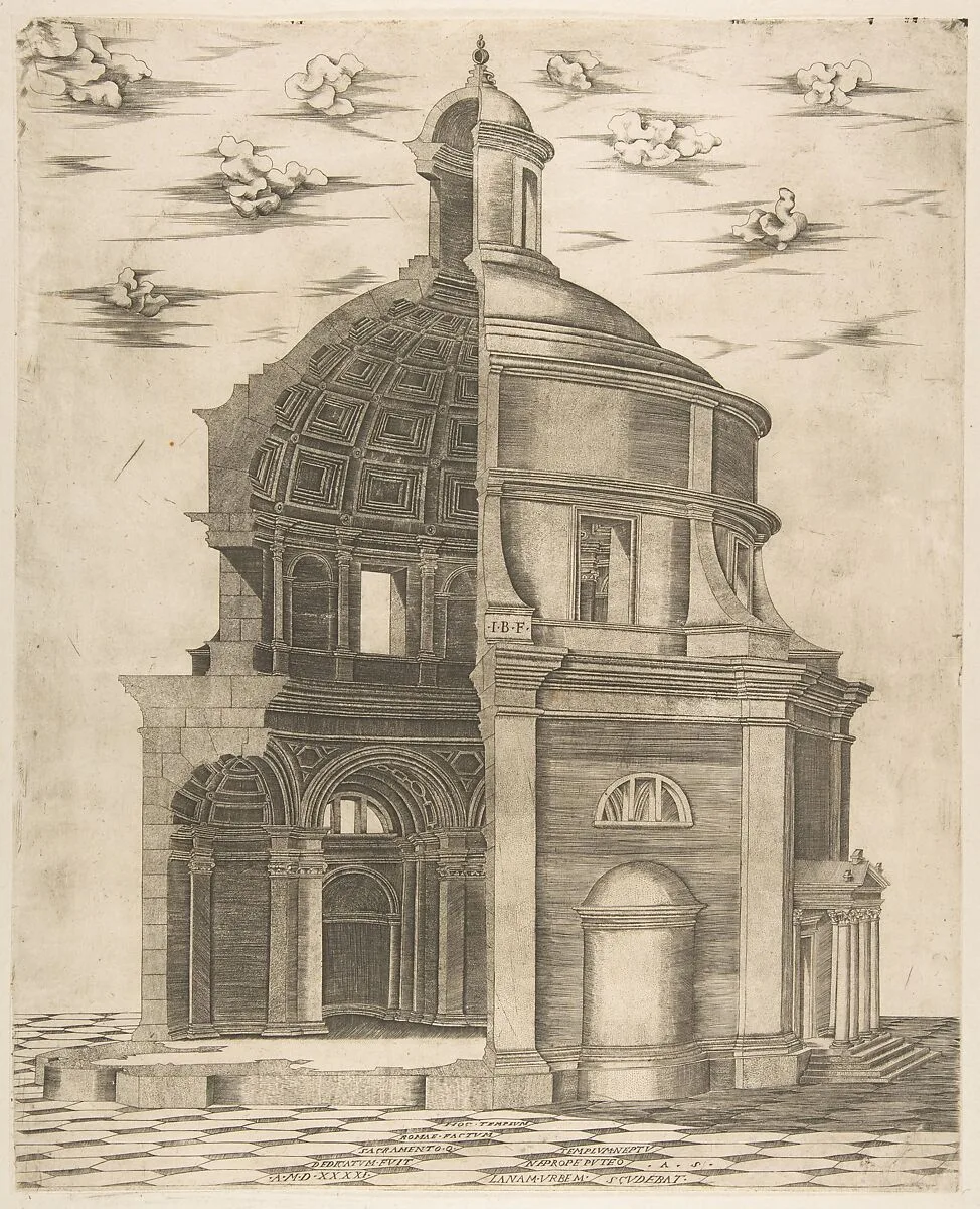 Exterior and interior section of a temple in Rome dedicated to Neptune — Antonio Salamanca|Giulio Bonasone