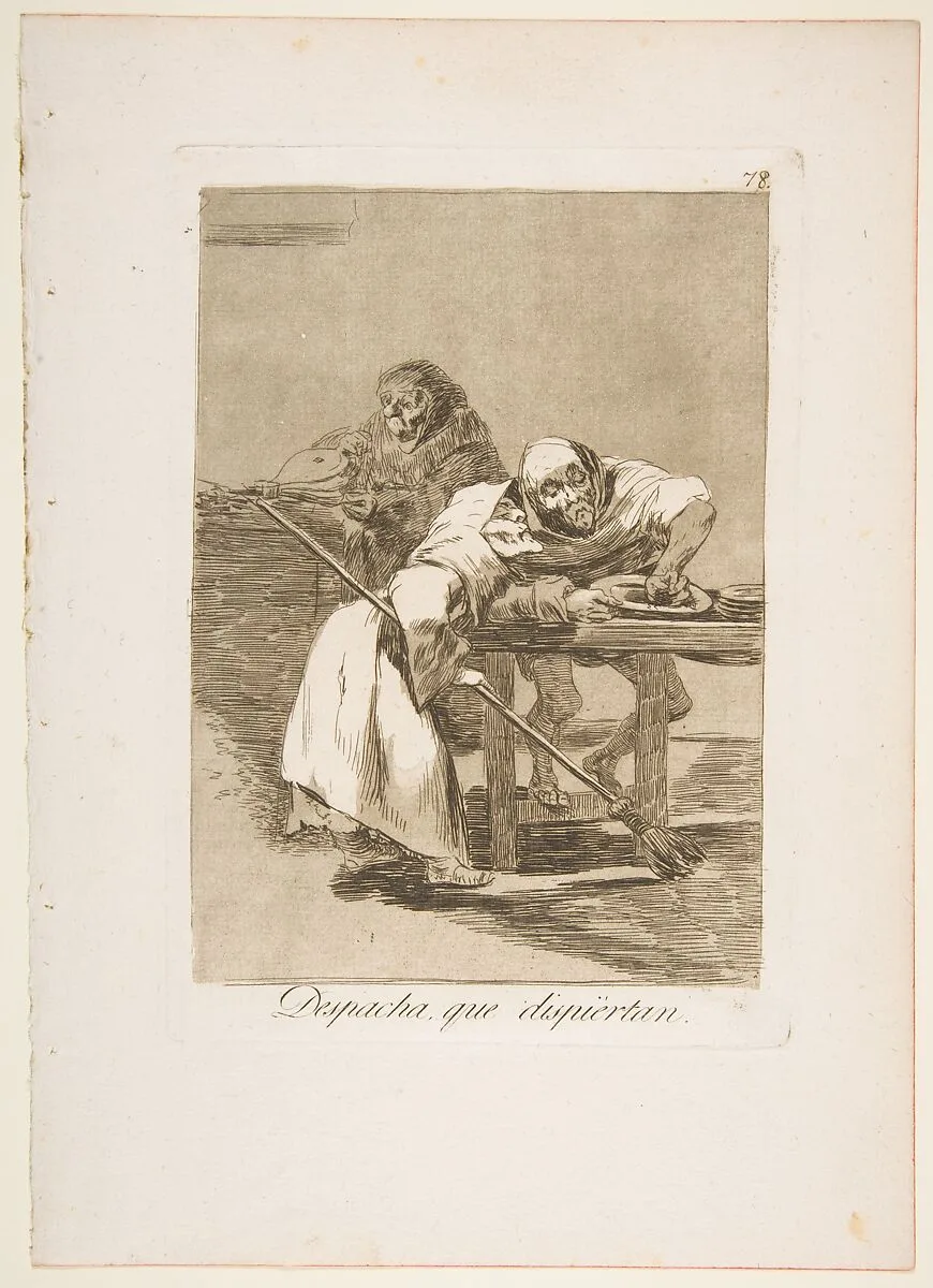 Plate 78 from "Los Caprichos": Be quick, they are waking up (Despacha, que dispiértan) — Goya (Francisco de Goya y Lucientes)