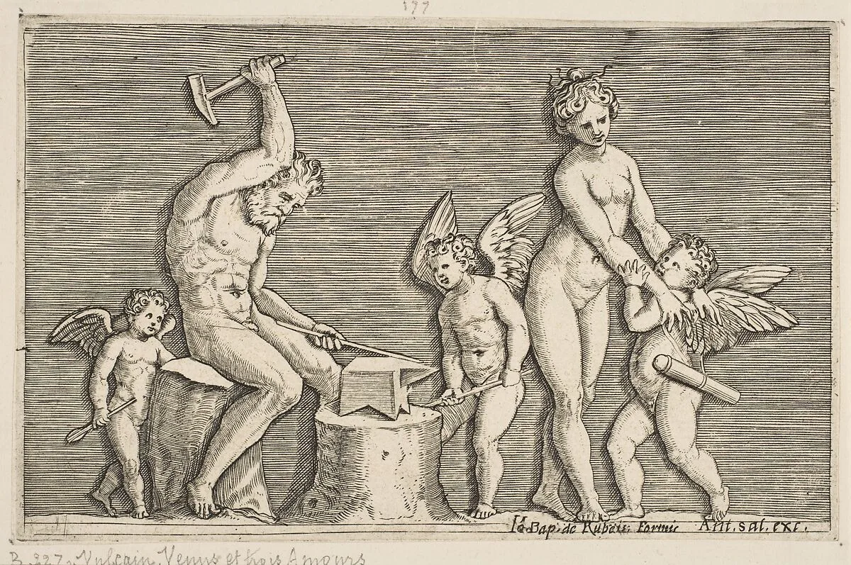 Vulcan seated hammering on an anvil flanked by Venus and three cupids — Antonio Salamanca|Giovanni Giacomo De Rossi|Marco Dente