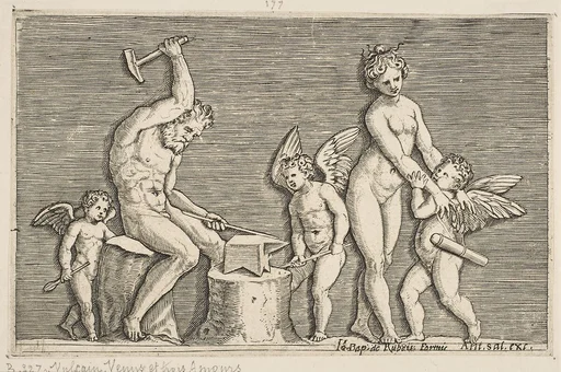 Vulcan seated hammering on an anvil flanked by Venus and three cupids