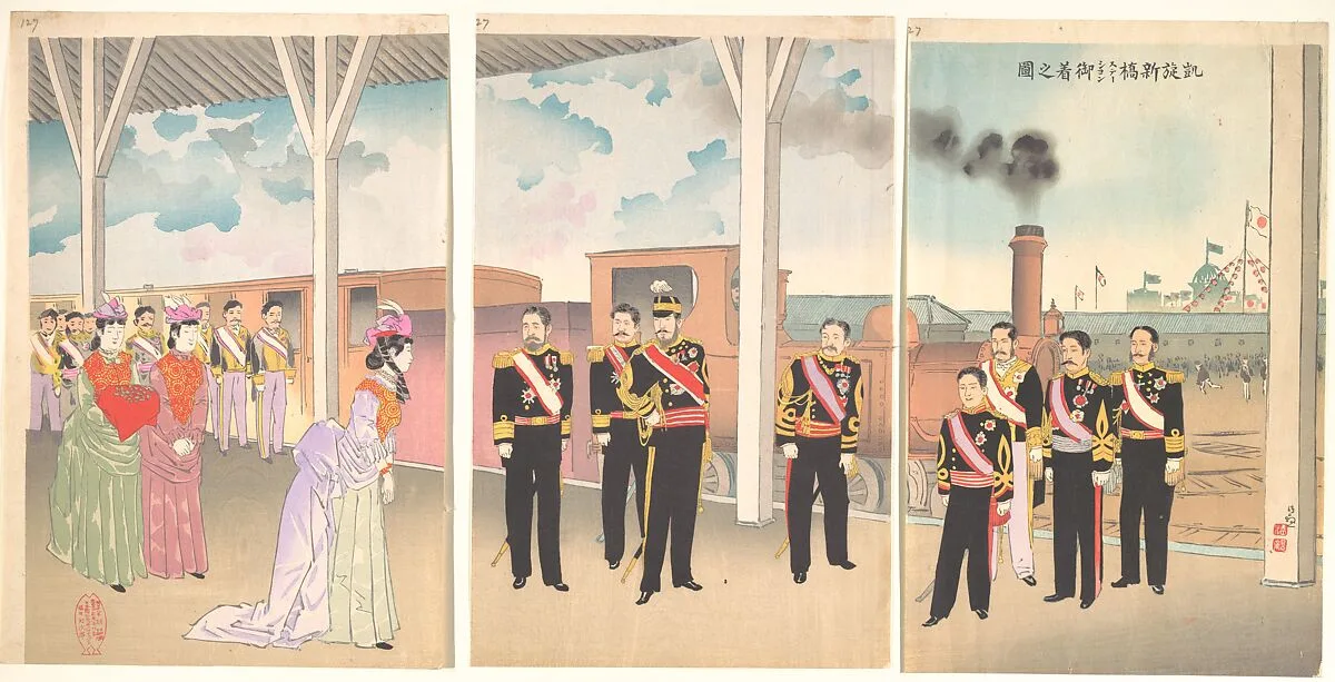 凱旋新橋ステーション御着之図|Illustration of the Arrival of the Emperor at Shinbashi Station Following a Victory (Gaisen Shinbashi stēshon gochaku no zu) — Kobayashi Kiyochika