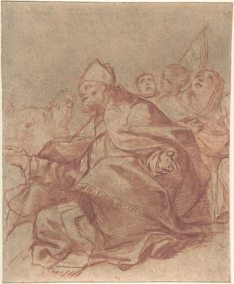Seated Bishop with Arms Extended and Three Attendant Figures (recto); Head of a Lion and Perspective Diagrams (verso) — Mattia Preti (Il Cavalier Calabrese)