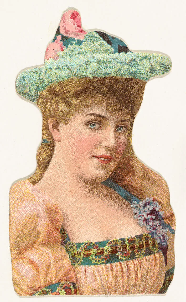 Actress wearing blue hat with pink roses, from Stars of the Stage, Fourth Series (N132) issued by Duke Sons & Co. to promote Honest Long Cut Tobacco — W. Duke, Sons & Co.|American Tobacco Company