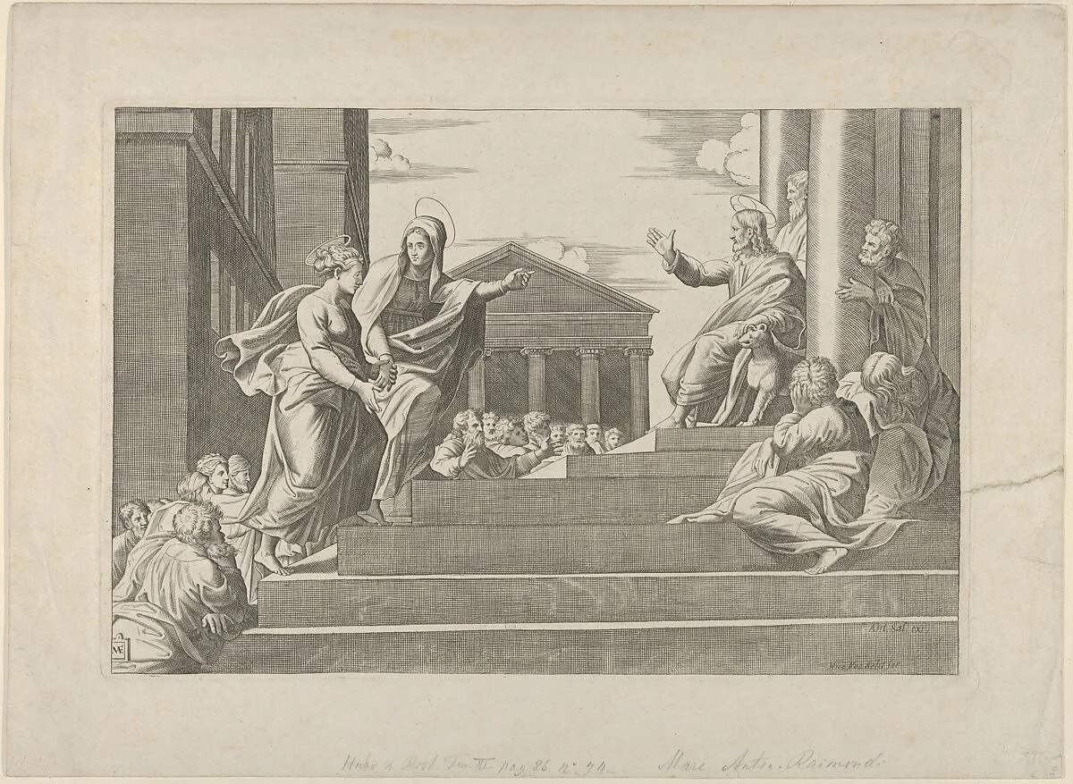 Martha leading Mary Magdalene up a flight of stairs to Christ who is seated at right at the entrance to a temple — Anonymous, Italian, 16th to early 17th century|Marcantonio Raimondi|Antonio Salamanca|Nicolaus van Aelst