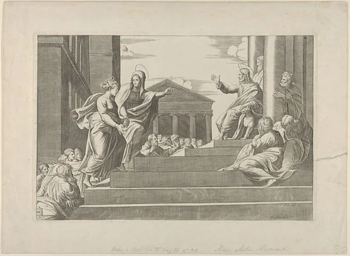 Martha leading Mary Magdalene up a flight of stairs to Christ who is seated at right at the entrance to a temple