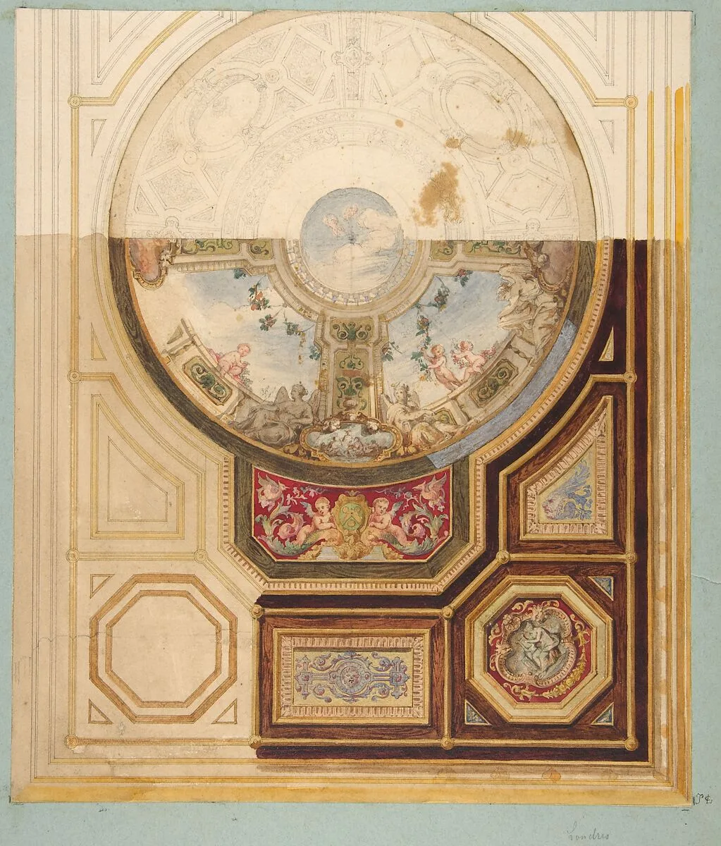 Design for a paneled ceiling with a trompe l'oeil dome in London — Jules-Edmond-Charles Lachaise|Eugène-Pierre Gourdet