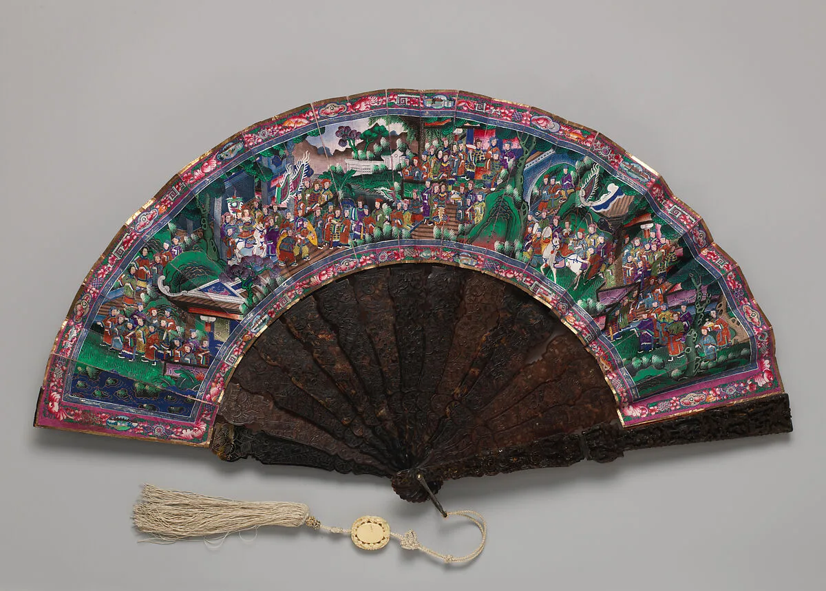 Folding Fan with Scene of Figures in a Courtyard Garden and a Stately Procession — Unknown
