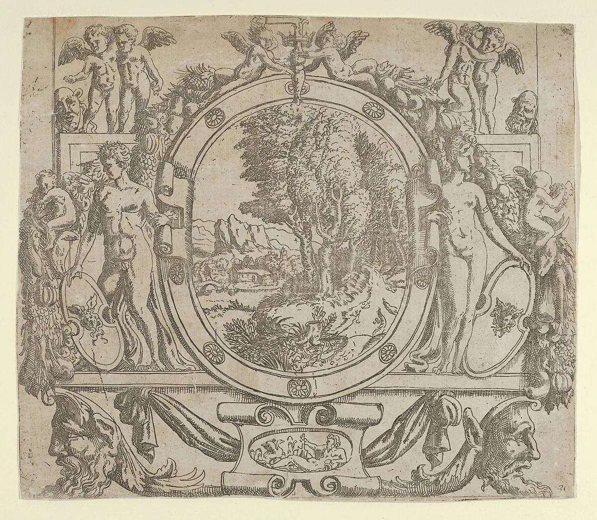 Oval landscape in an ornate frame — Anonymous, French, School of Fontainebleau, 16th century