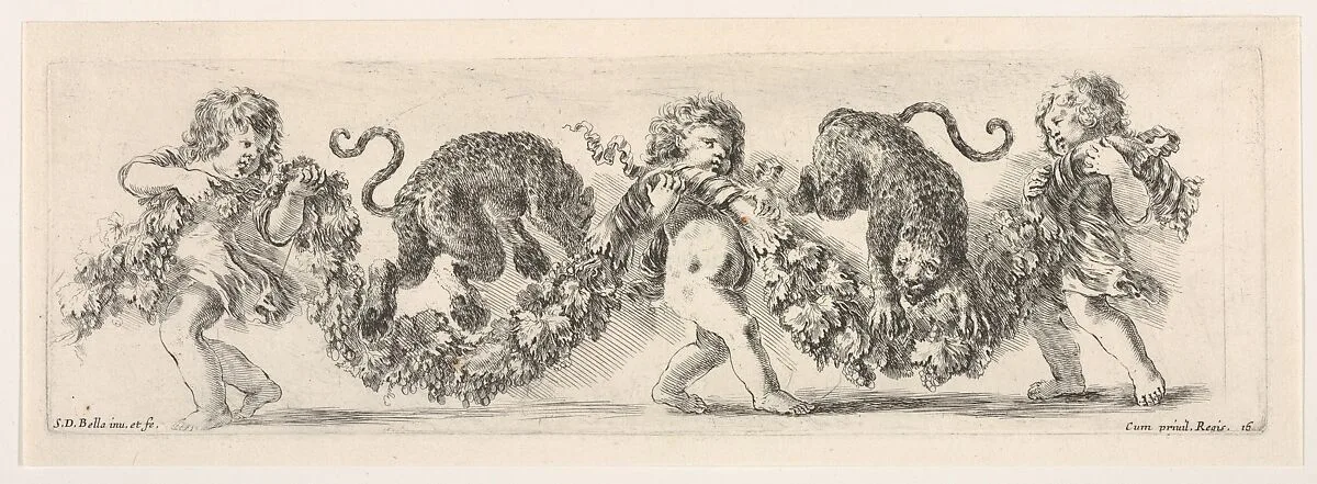 Design for a Frieze with Three Putti holding a Garland and Two Leopards jumping over it, Plate 16 from: 'Decorative friezes and foliage' (Ornamenti di fregi e fogliami) — Stefano della Bella