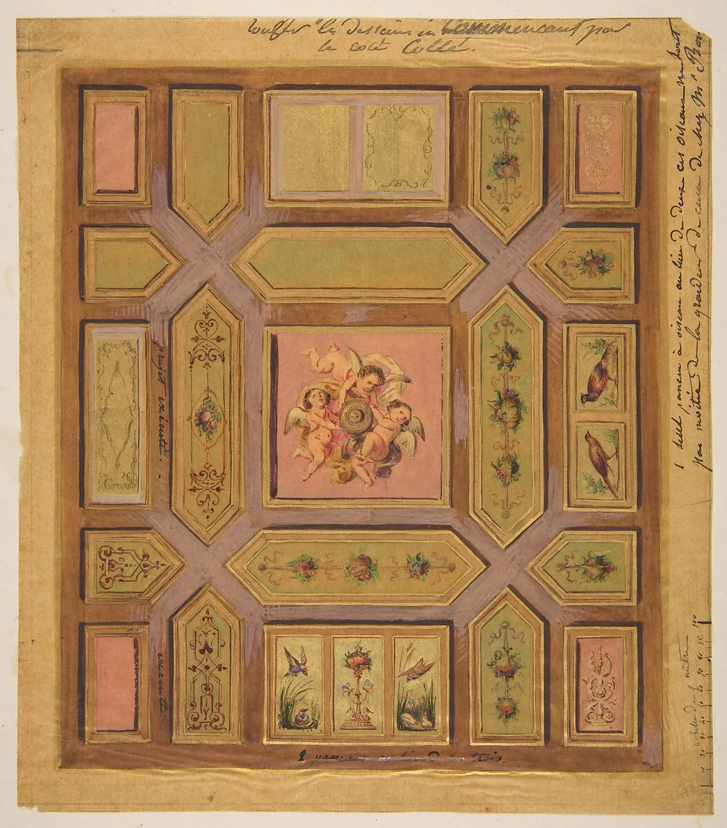 Design for a paneled ceiling painted with putti, birds, and floral motifs on tracing paper; mounted on wove paper — Jules-Edmond-Charles Lachaise|Eugène-Pierre Gourdet