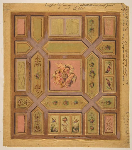 Design for a paneled ceiling painted with putti, birds, and floral motifs on tracing paper; mounted on wove paper
