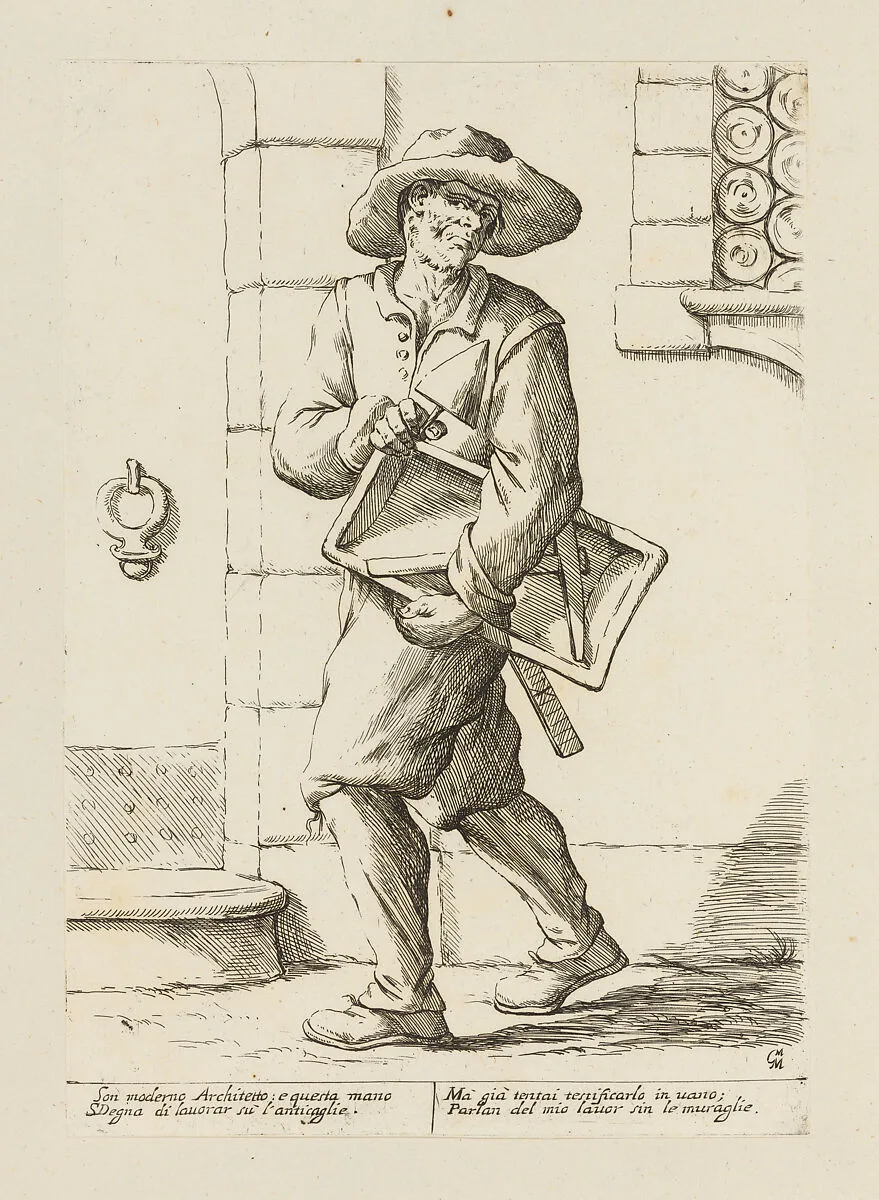 Mason, from Di Bologna l'Arti per via D'An.ibal' Ca.rac, plate 10 — Giuseppe Maria Mitelli|Annibale Carracci|Giovanni Giacomo De Rossi