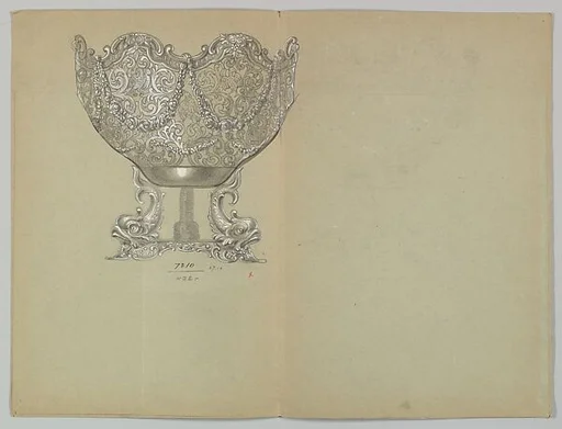 Alternate Designs for a Garlanded SIlver Dish Supported either by a Pheasant or Dolphins