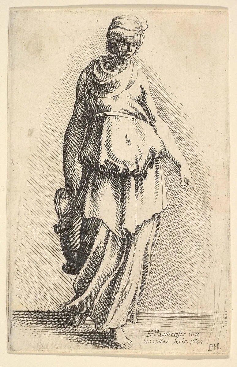 Standing female figure carrying a vessel — Parmigianino (Girolamo Francesco Maria Mazzola)|Wenceslaus Hollar