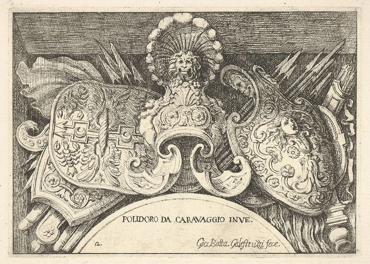 Plate 2: trophies of Roman arms from decorations above the windows on the second floor of the Palazzo Milesi in Rome — Giovanni Battista Galestruzzi|Polidoro da Caravaggio