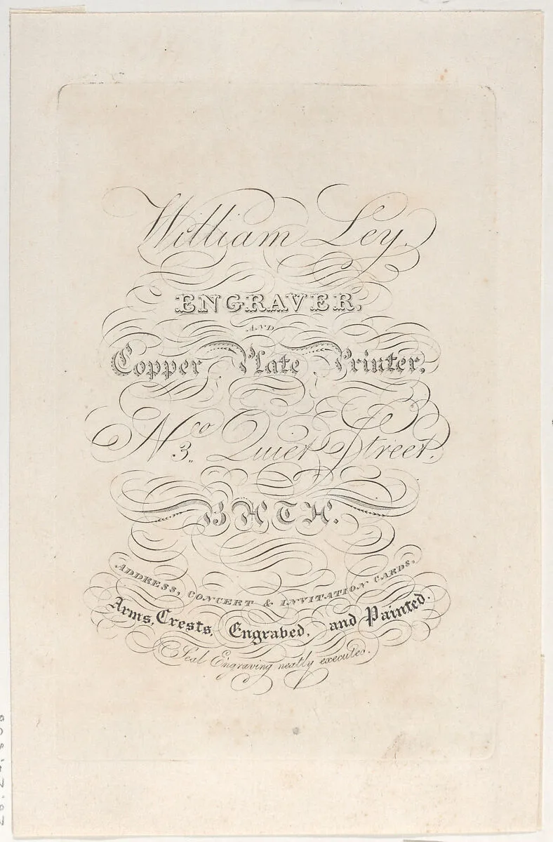 Trade Card for William Ley, Engraver & Copper Plate Printer — Anonymous, British, 19th century