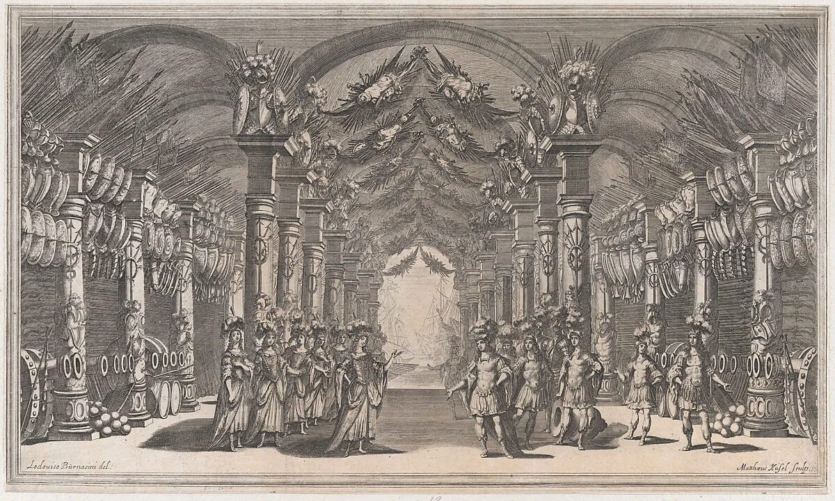 Arsenal of Mars; a group of soldiers standing across from a group of women in an arsenal; ships off in the distance; set design from 'Il Pomo D'Oro' — Mathäus Küsel|Ludovico Ottaviano Burnacini