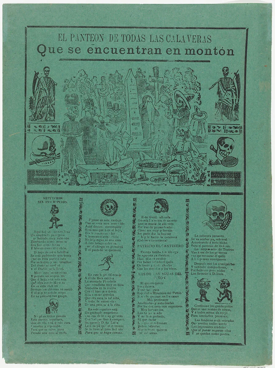 The pantheon of all the skeletons who are eating and drinking in a cemetery (Posada); flanked by skeletons holding scythes (Manilla) — José Guadalupe Posada|Antonio Vanegas Arroyo|Manuel Manilla