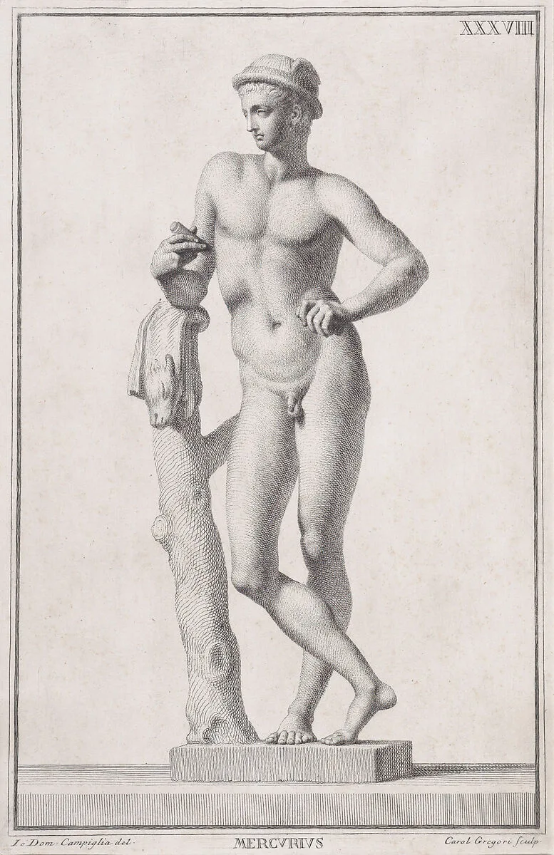 Plate XXXVIII (38): Mercury, from "Museum Florentinum" (Statuae antiquae dorum et virorum illustrium) — Giovanni Domenico Campiglia|Carlo Gregori