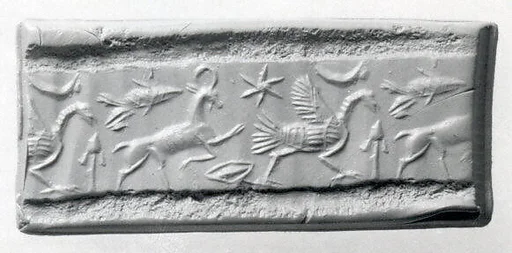 Cylinder seal (with caps preserved) with animals and divine symbols