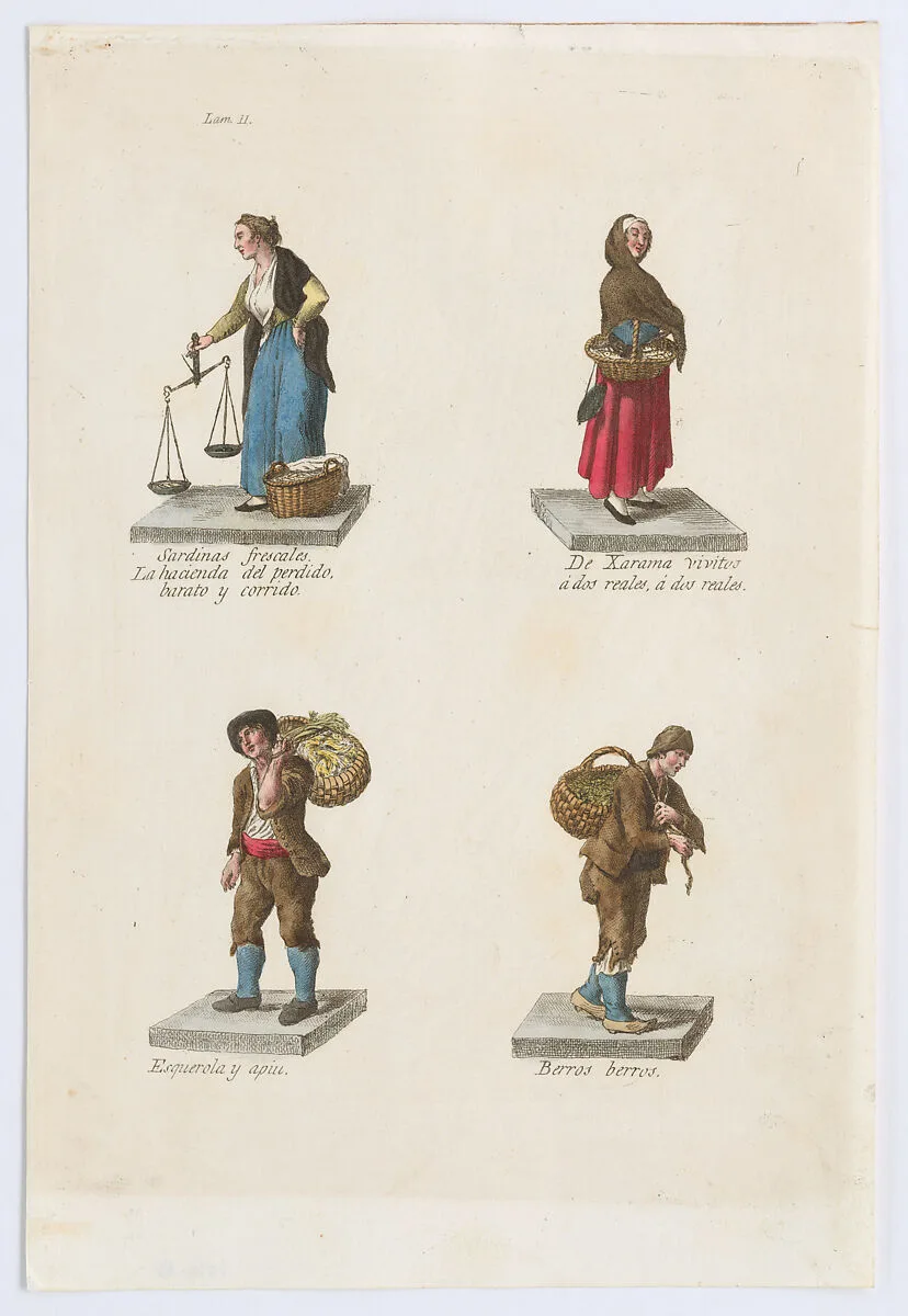 Plate 11: four street vendors from Madrid selling different kinds of fish, from 'Los Gritos de Madrid' (The Cries of Madrid) — Miguel Gamborino|Imprenta Real, Madrid