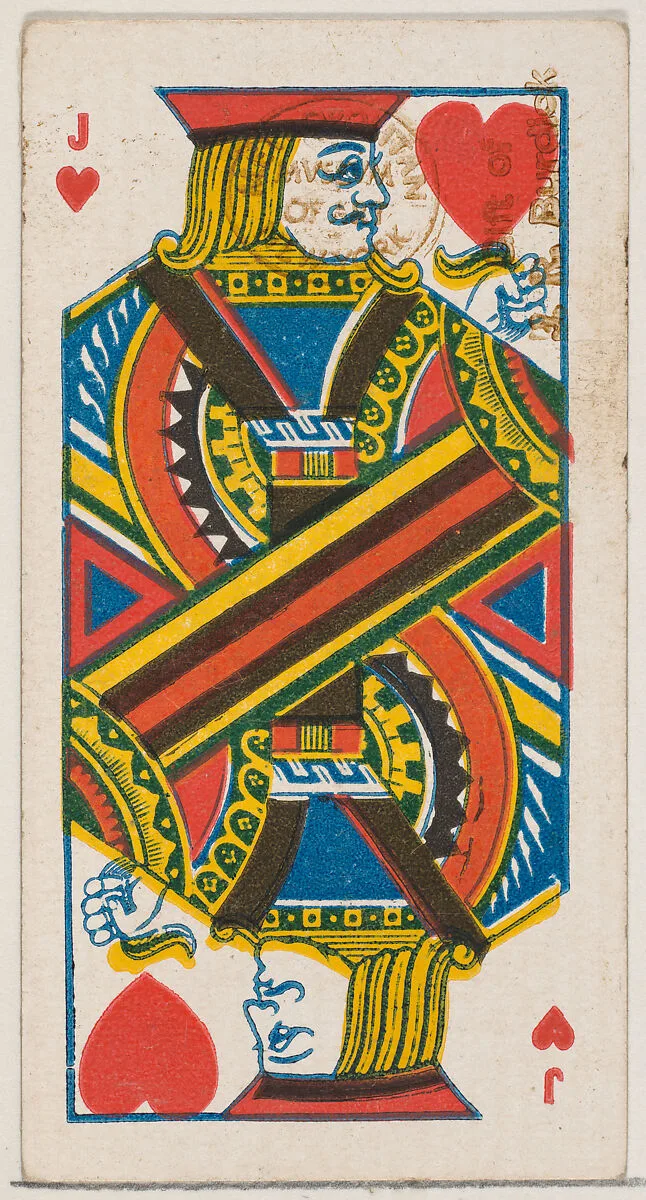 Jack of Hearts (red), from the Playing Cards series (N84) for Duke brand cigarettes — W. Duke, Sons & Co.