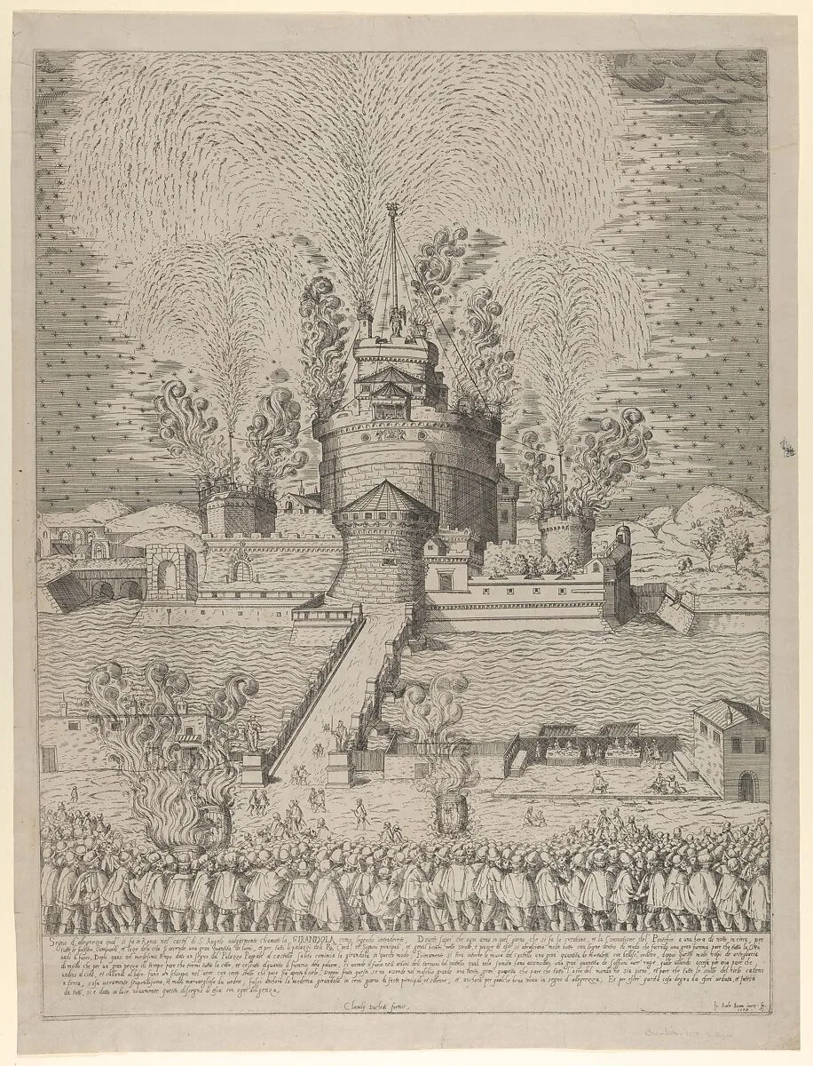 The firework display called 'Girandola' at the Castello Sant'Angelo in Rome, a nocturnal scene with fireworks issuing from the castle and a crowd of spectators in the foreground — Giovanni Ambrogio Brambilla|Claudio Duchetti