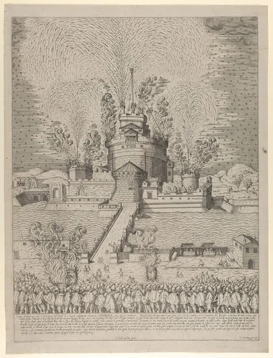 The firework display called 'Girandola' at the Castello Sant'Angelo in Rome, a nocturnal scene with fireworks issuing from the castle and a crowd of spectators in the foreground