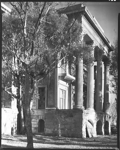 [Full-Façade Greek Revival Porch, Right Wing of Belle Grove Plantation, White Castle, Louisiana]