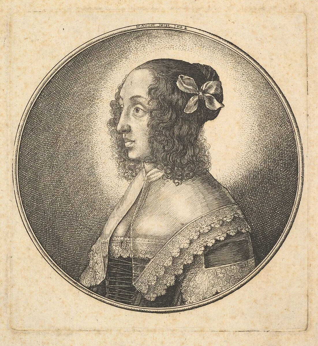 Woman with dark hair and a bow in profile to the left — Wenceslaus Hollar