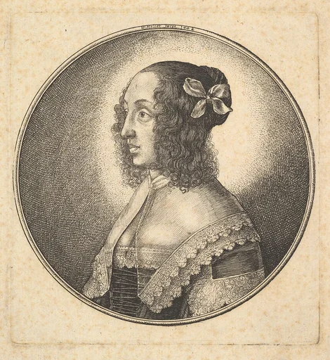 Woman with dark hair and a bow in profile to the left