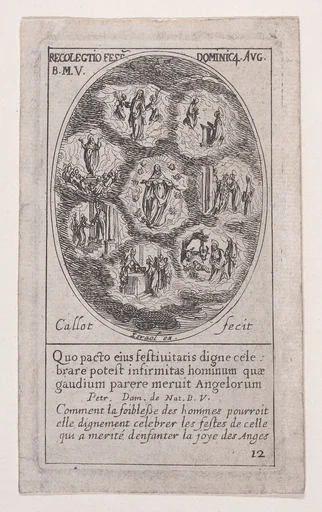 Réunion des fêtes de la Sainte Vierge (Collection of the Feasts Dedicated to the Virgin): The Immaculate Conception, The Visitation, The Birth of Christ, The Presentation at the Temple, The Purification, The Assumption, and the Reception of the Virgin in Heaven, from Images des Fêtes Mobiles (Images of Moveable Feasts from the Christian Calendar), part of the series Les Images De Tous Les Saincts et Saintes de L'Année (Images of All of the Saints and Religious Events of the Year), scene 12