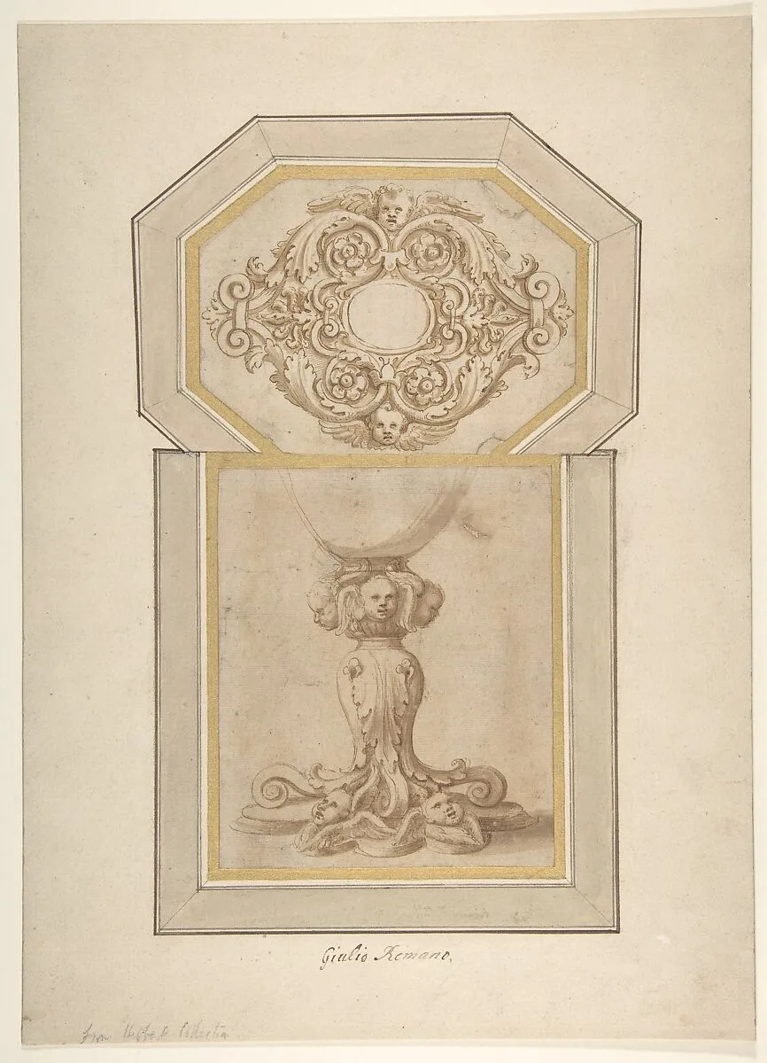 Design for a Sculptural Frame Decorated with Angel Heads, Volutes and Leaves (for a Ceiling ?); Design for a Base Decorated with Angel Heads, Volutes and Leaves — Giulio Romano