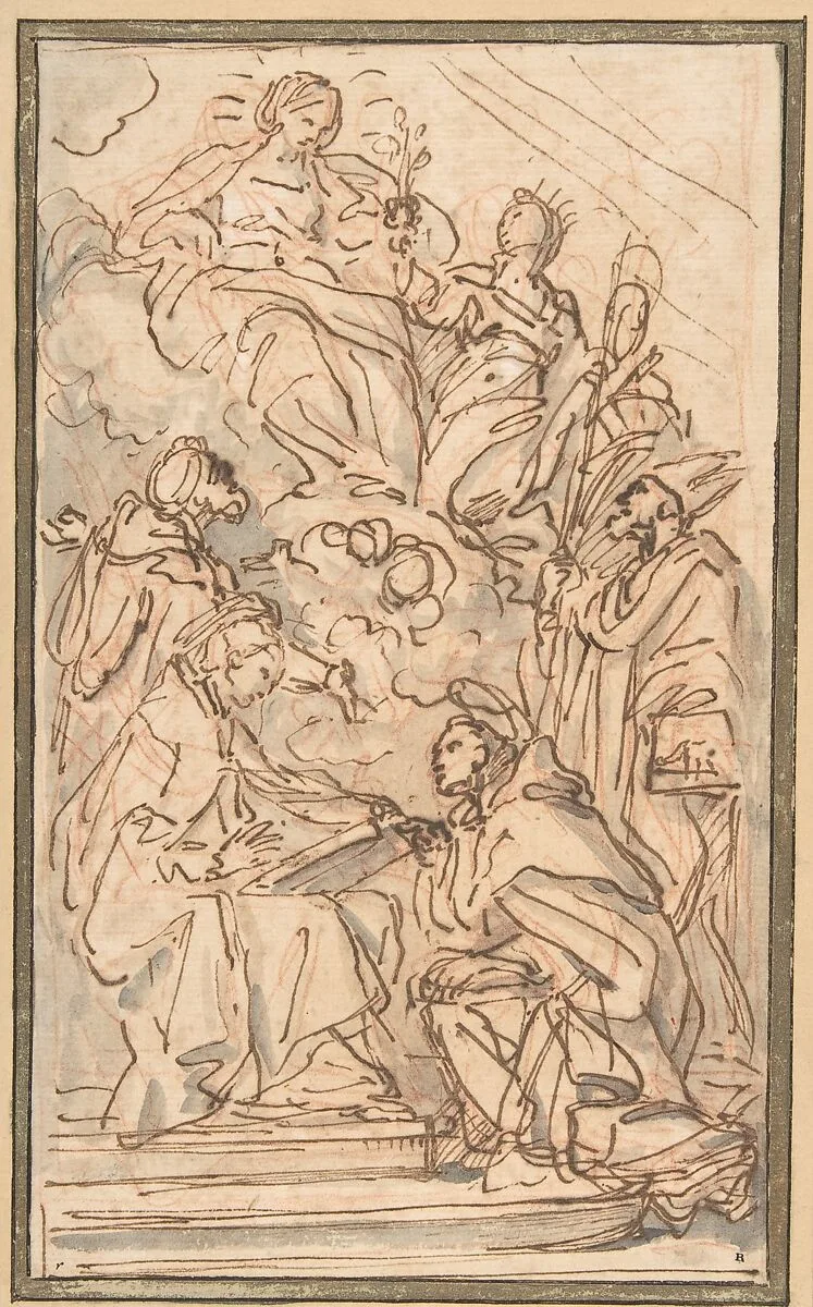 The Virgin with Female Attendant Appearing to Four Male Saints — Carlo Maratti