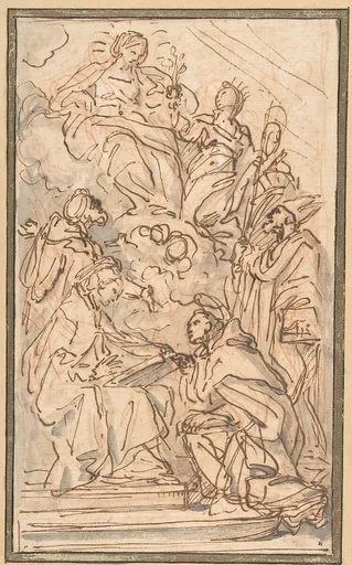 The Virgin with Female Attendant Appearing to Four Male Saints