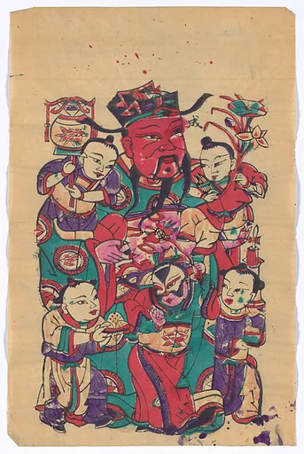 現代 佚名 五子門神(左) 彩印木刻年畫 河南朱仙鎮(CP372對幅)|New Year Picture of Door God with Five Children (paired with CP372, left)