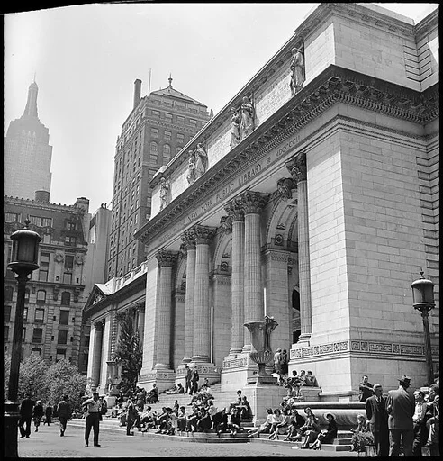 [68 Views of New York Public Library on Fifth Avenue, Bryant Park, and Studies of Reading Room, Stacks, Rare Book Room, and Readers, Possibly Commissioned for Unpublished Vogue Article, 1949, Including Four Portraits of Jane Smith Evans]