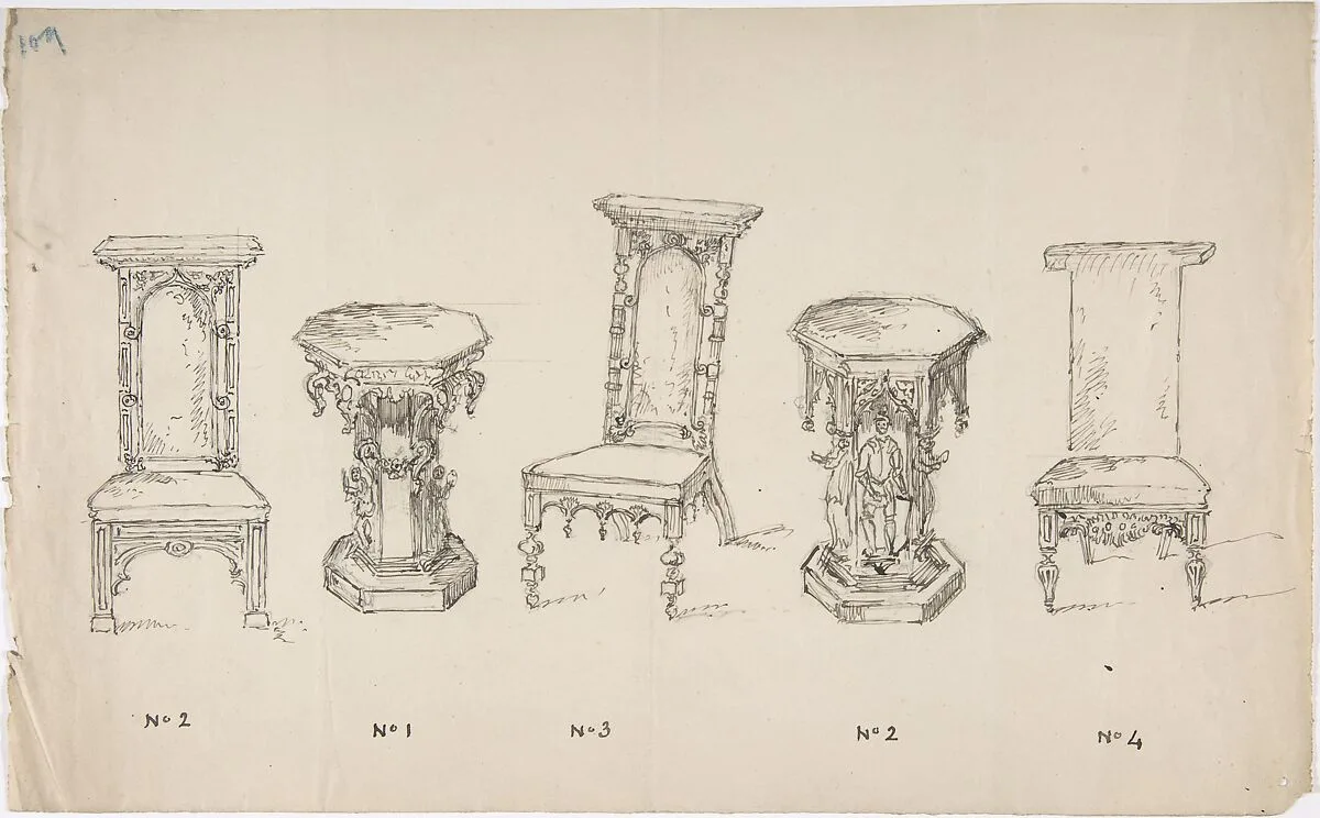 Design for Three Low Chairs and Two Pedestal Tables — Anonymous, British, 19th century
