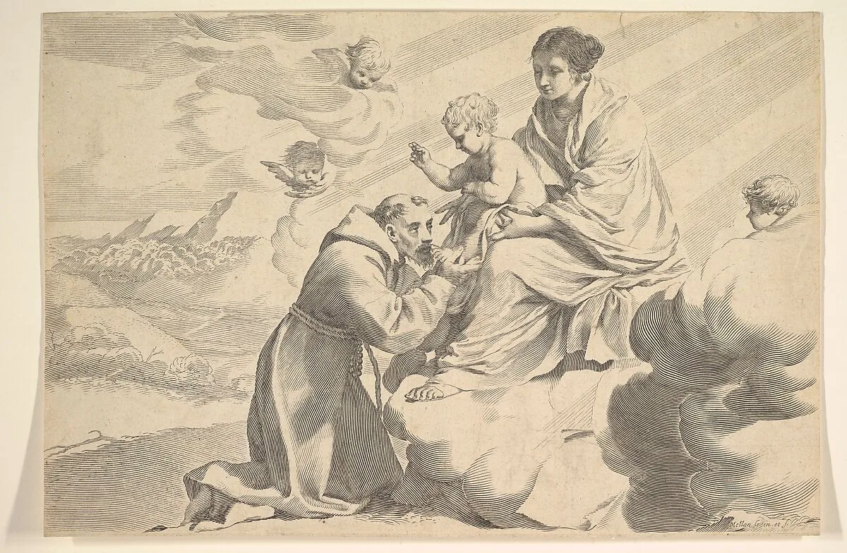 St. Francis of Assisi Adoring the Christ Child on the Virgin's Lap — Claude Mellan