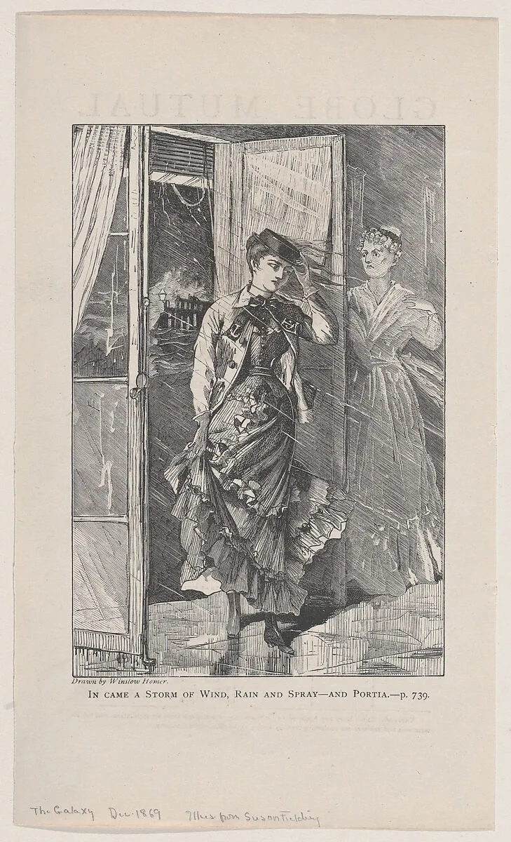 In Came a Storm of Wind, Rain and Spray – and Portia (The Galaxy, An Illustrated Magazine of Entertaining Reading, Vol. VIII) — Winslow Homer
