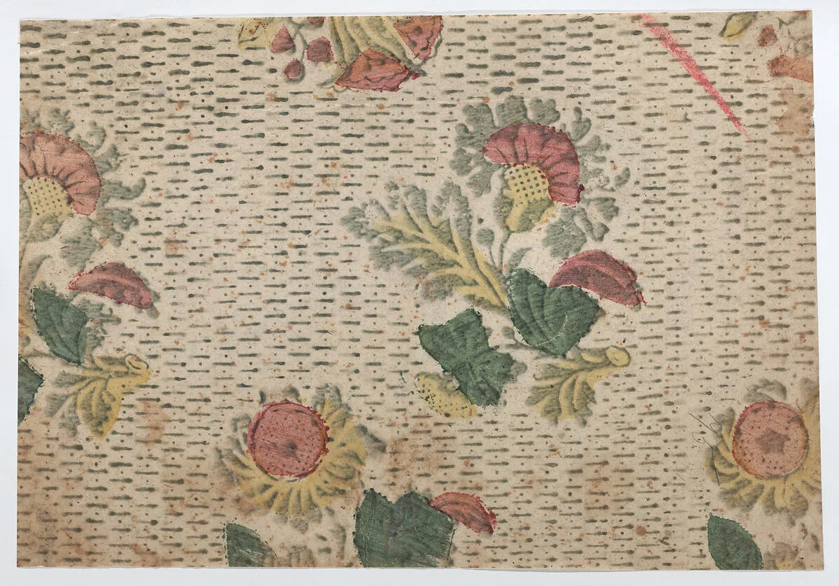 Sheet with floral pattern with a repeating line background — Anonymous