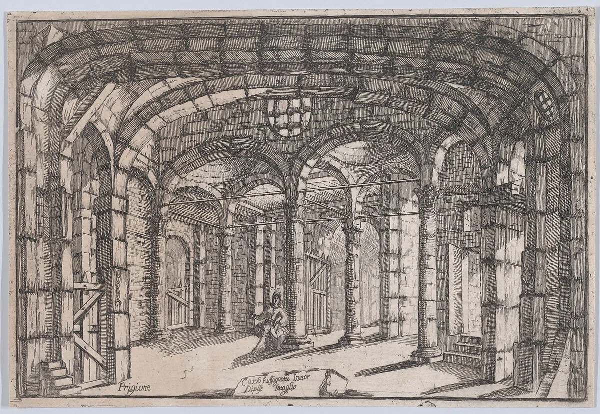 Interior of a prison in which sits a woman (possibly a theatre set) — Carlo Antonio Buffagnotti
