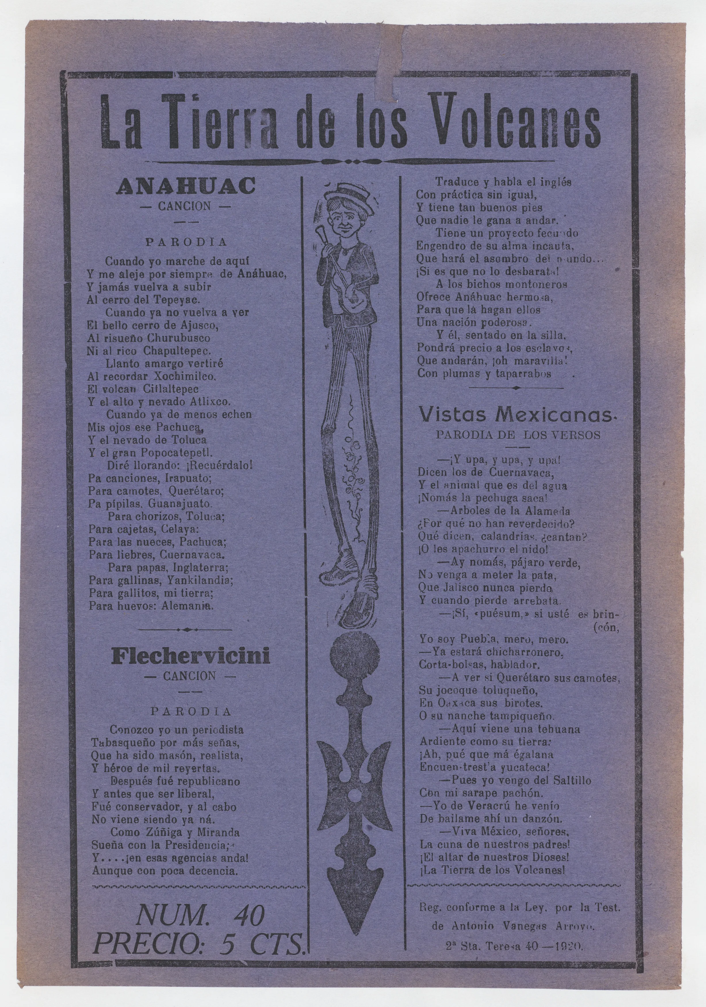 Broadsheet with comic ballads about Mexico, figure with long legs playing the guitar — José Guadalupe Posada|Antonio Vanegas Arroyo