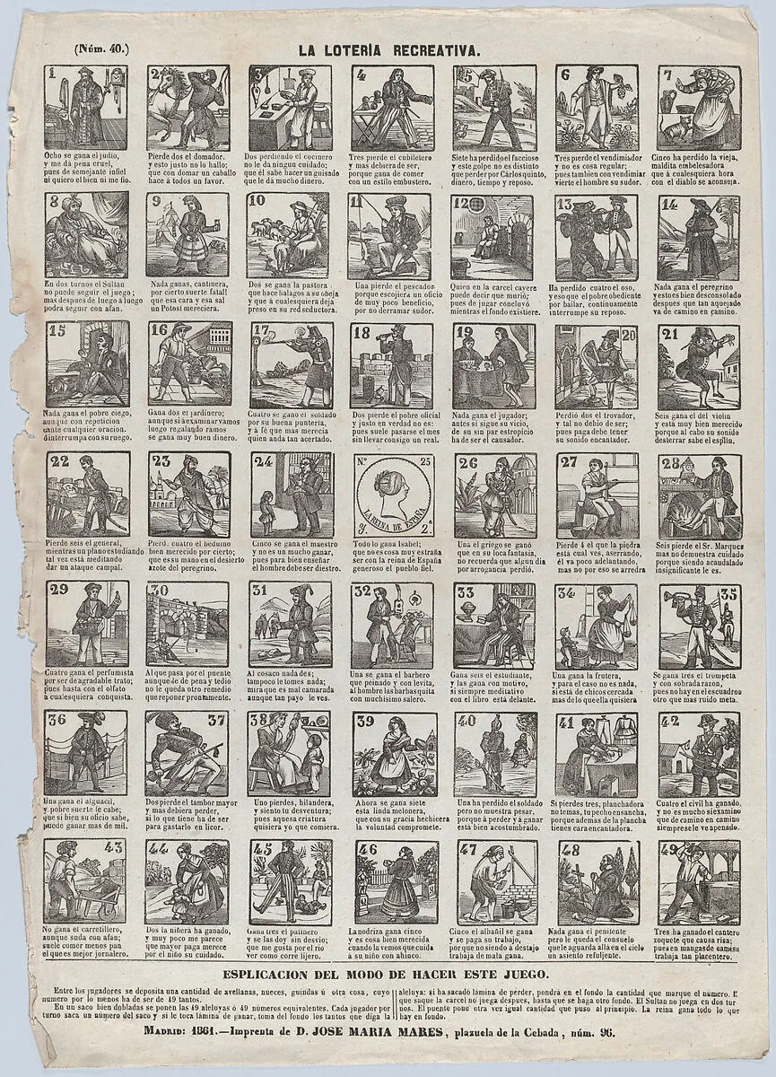 Broadside with 48 scenes for a game of recreational lottery — José María Marés